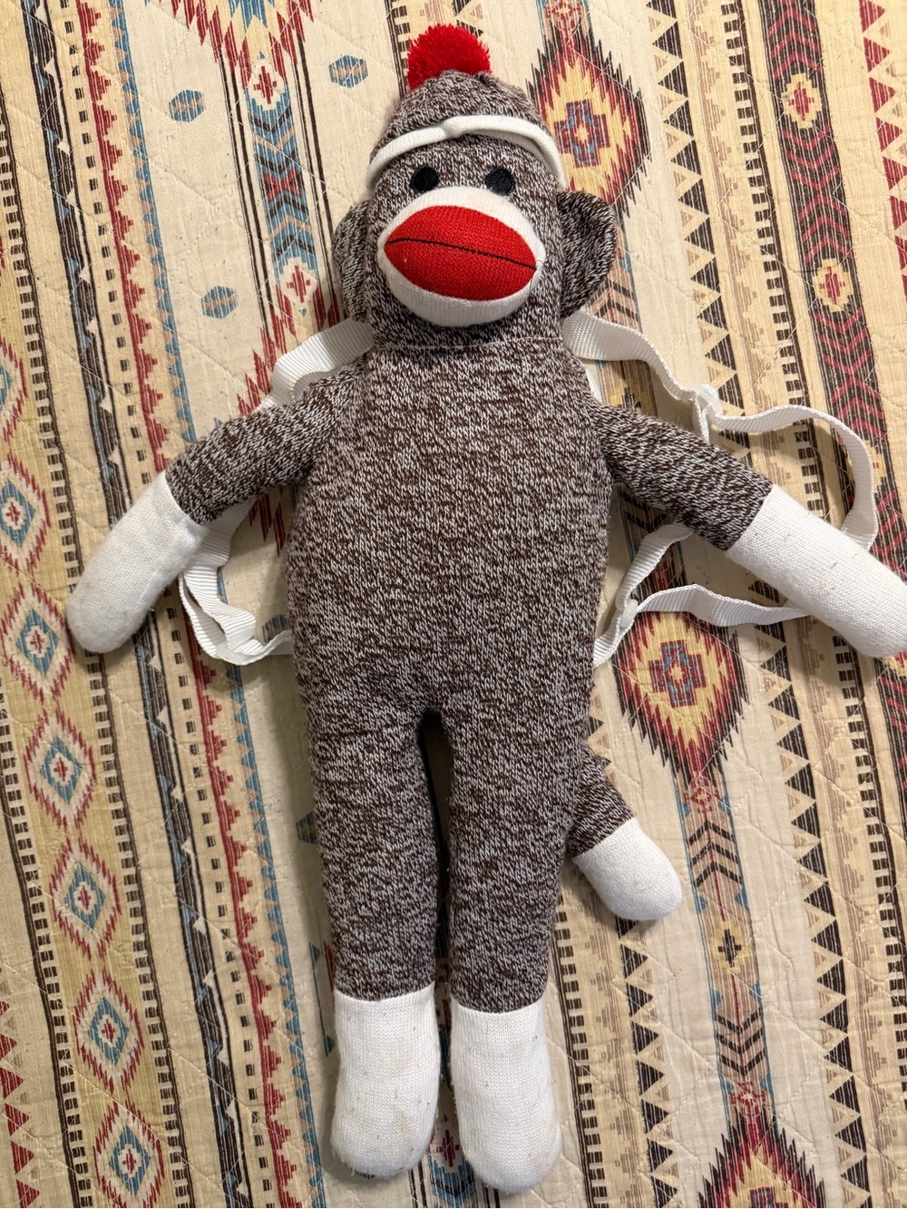 Plush Sock Monkey Backpack - Brown & White with Red Accent